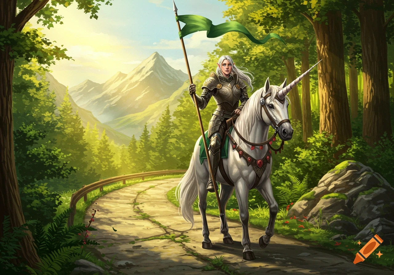 An elven knight in armor rides a white unicorn along a forested road with mountains in the background, illustration style.