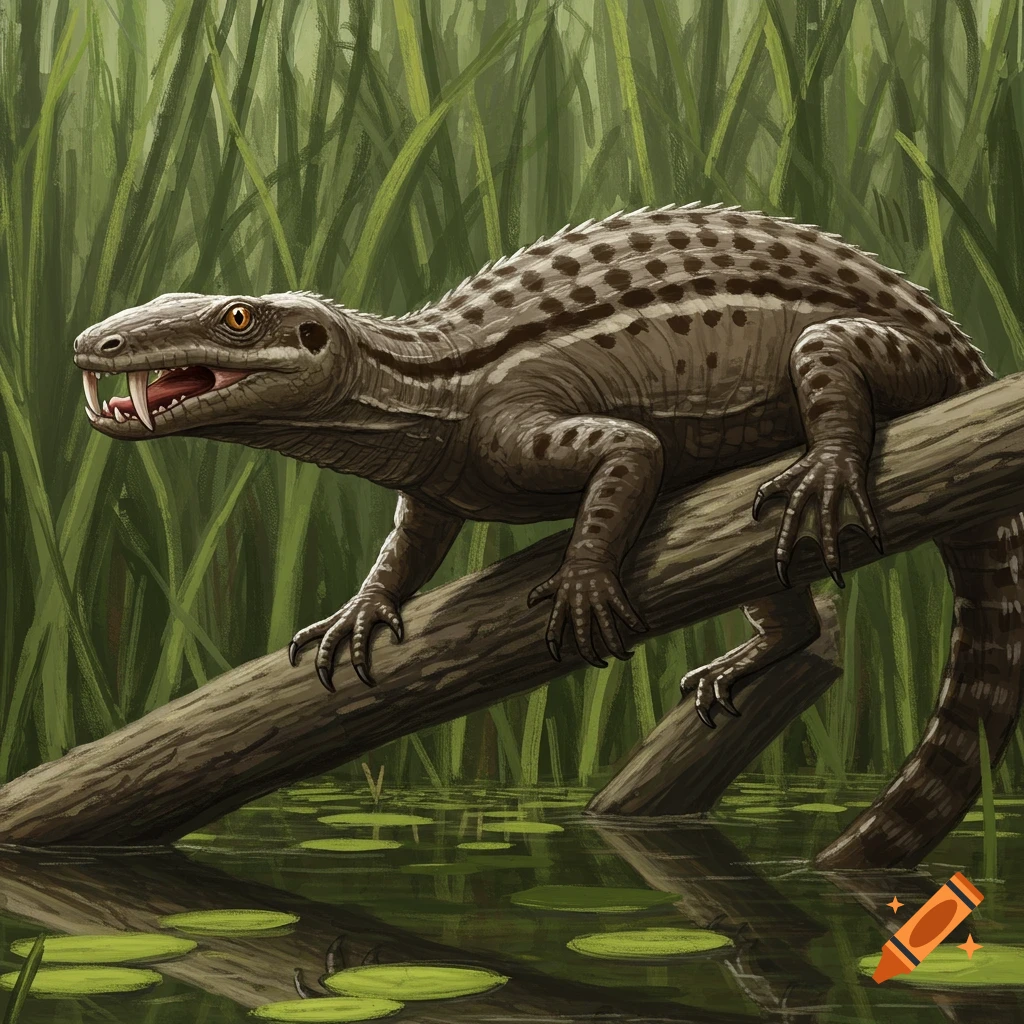 Illustration of a reptile creature with large teeth on a log in a swamp.