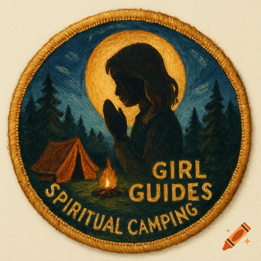 Round embroidered patch showing a silhouetted person praying under a moon with a tent and campfire, text reads "Girl Guides Spiritual Camping".