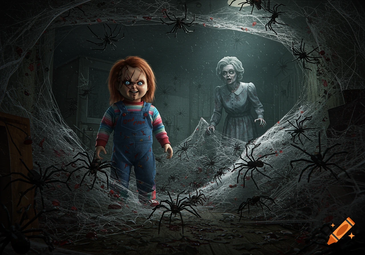 Chucky and the Other Mother from Coraline surrounded by spiders and webs in a dark, creepy room.