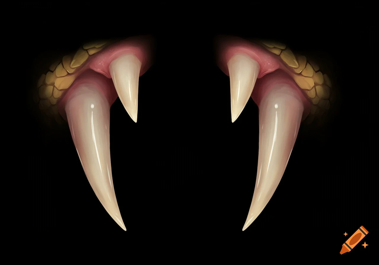 Two large fangs from a creature's mouth against a black background.