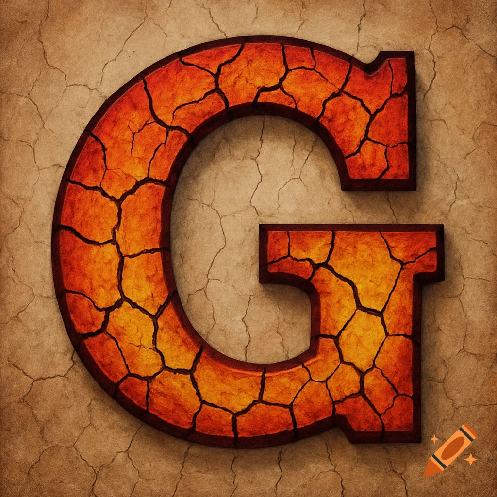 Letter G with red and yellow cracked texture on a cracked background