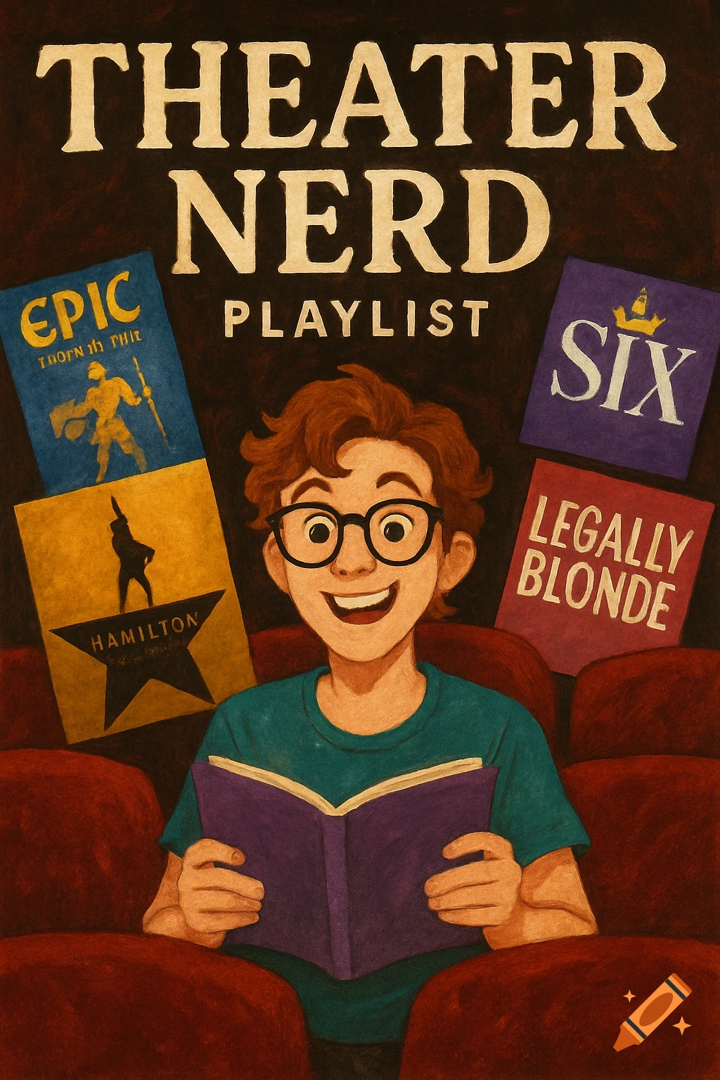 Illustration of a boy in theater seats holding a book, surrounded by posters for musicals like Hamilton, Six, Epic, and Legally Blonde.
