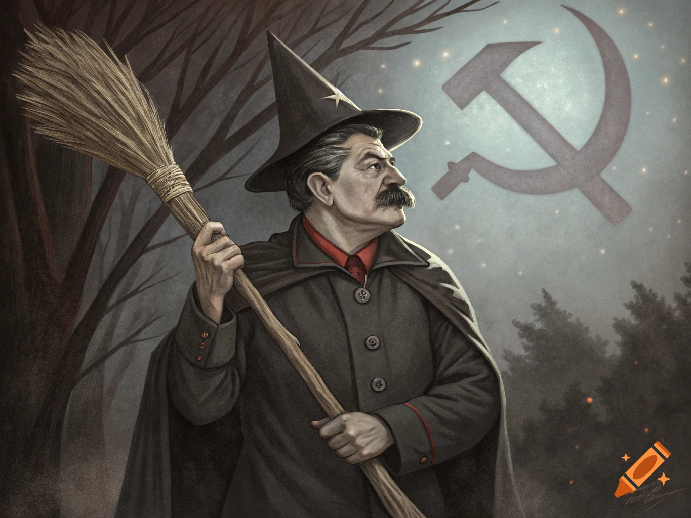 Joseph Stalin dressed as a witch holds a broom in front of a hammer and sickle symbol.