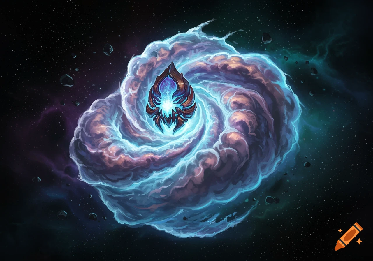A vibrant cosmic illustration of a swirling nebula cloud with a glowing alien structure at its core against a starfield.