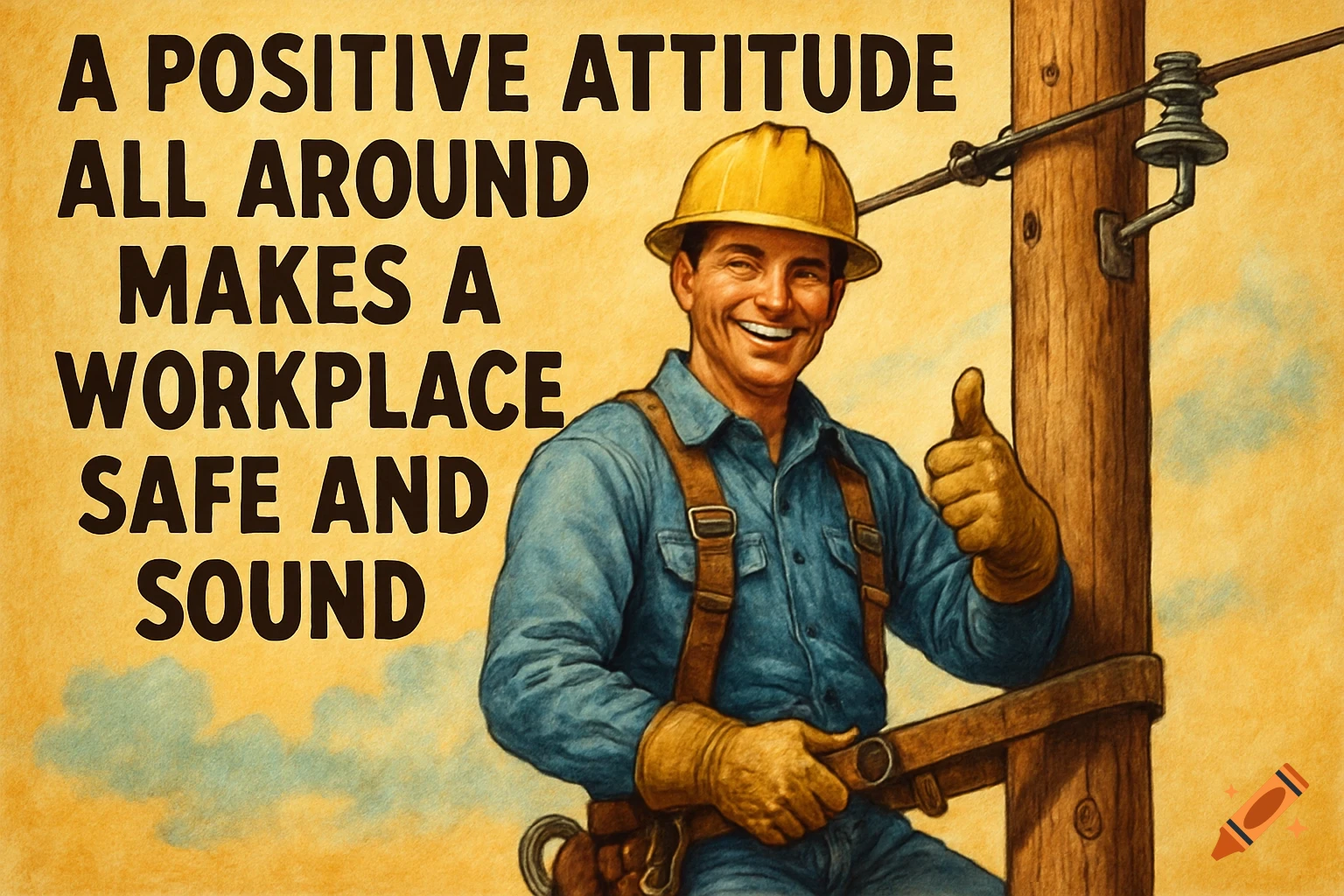 Smiling lineman on a power pole giving a thumbs up with a safety slogan poster overlay.