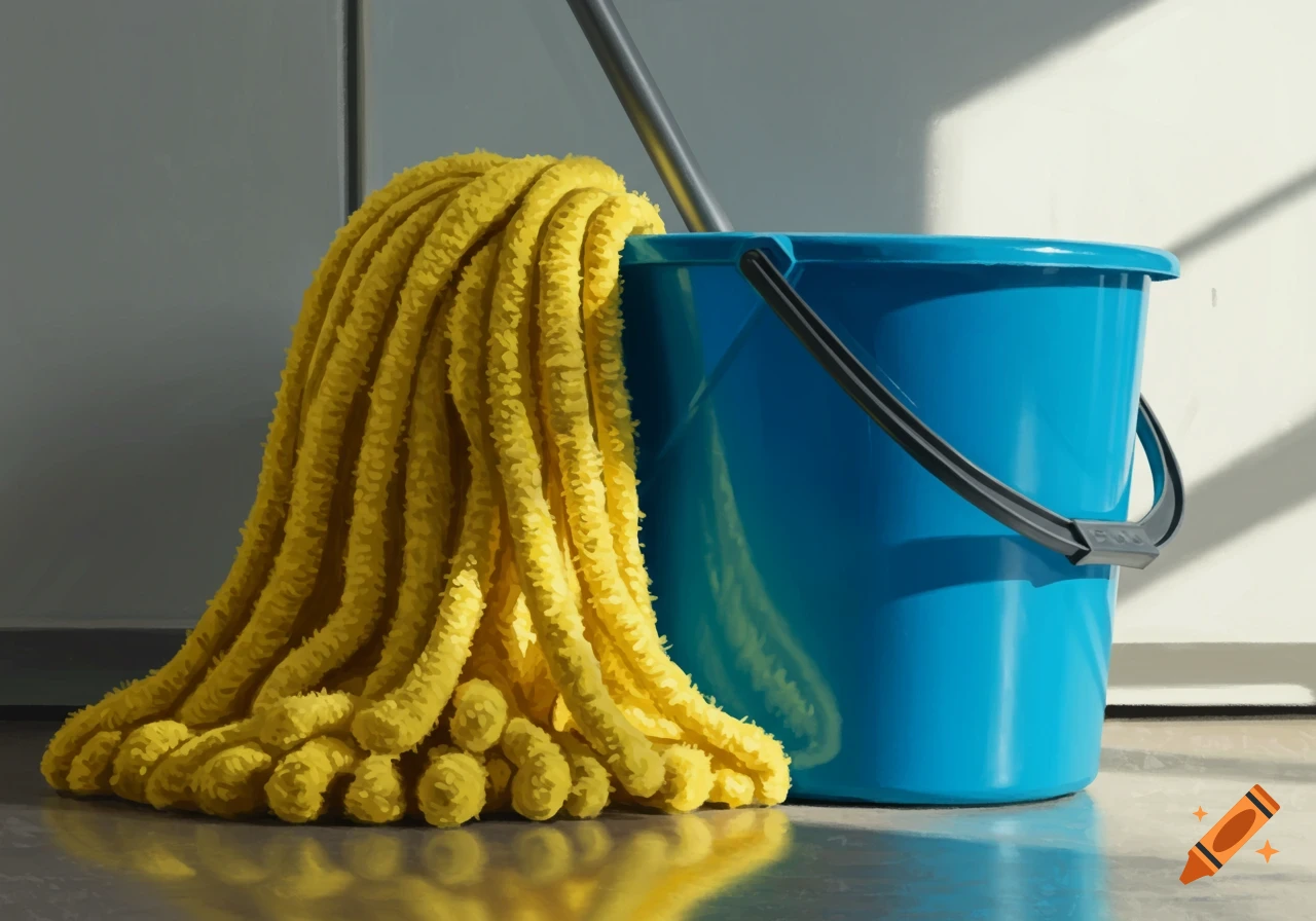 A yellow mop leans against a blue bucket with sunlight and shadows in a digital painting.