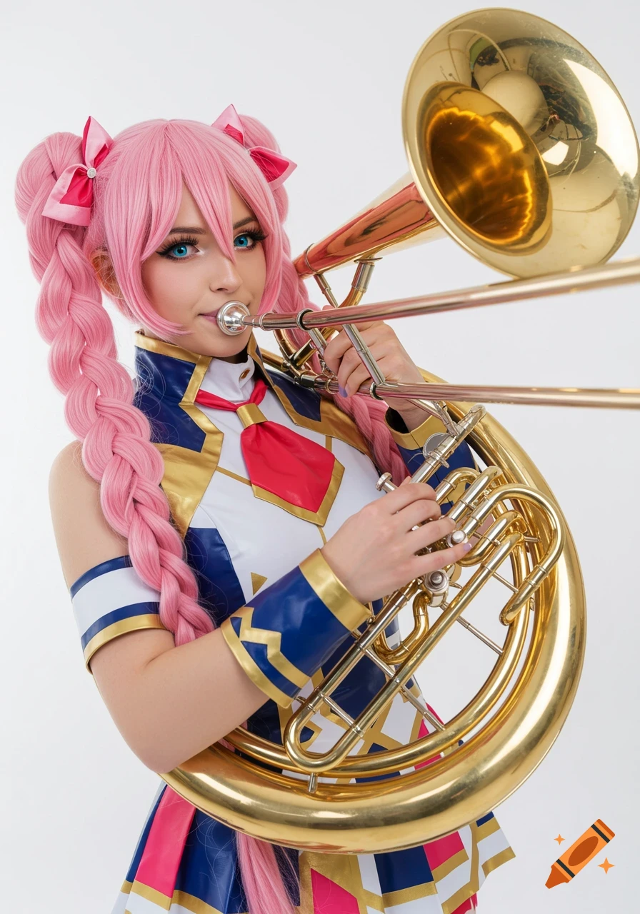 Young woman with pink braided hair in anime cosplay plays a large brass instrument.