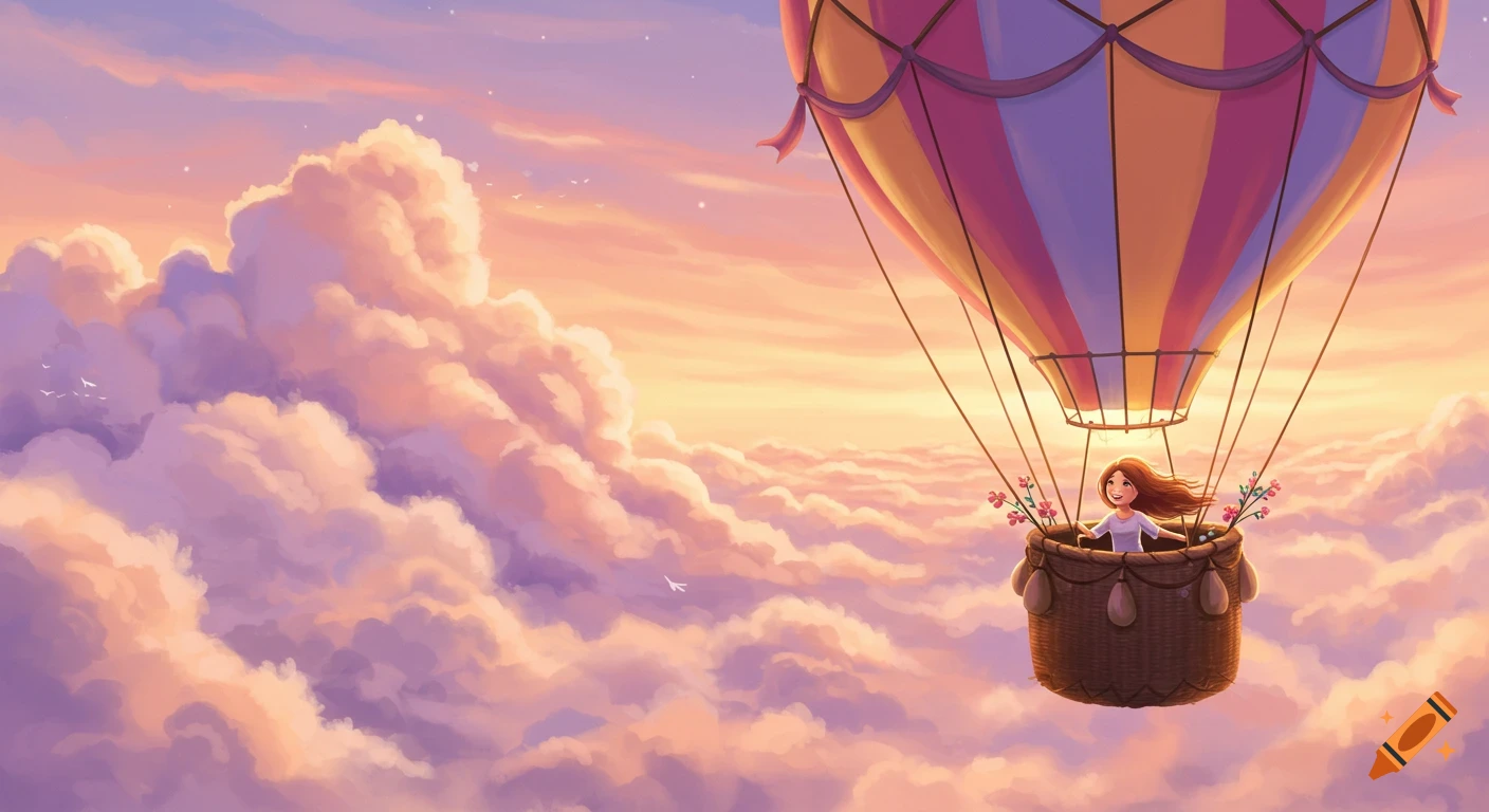 Illustration of a girl in a hot air balloon among peachy pink sunset clouds.