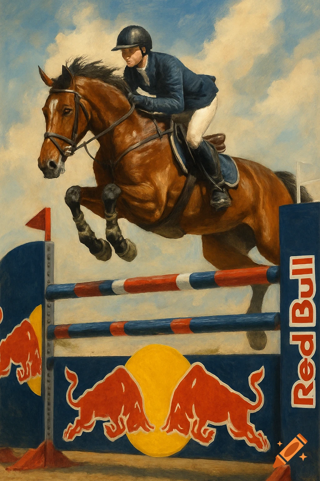 Person on a horse jumping over a Red Bull branded obstacle, painted style.