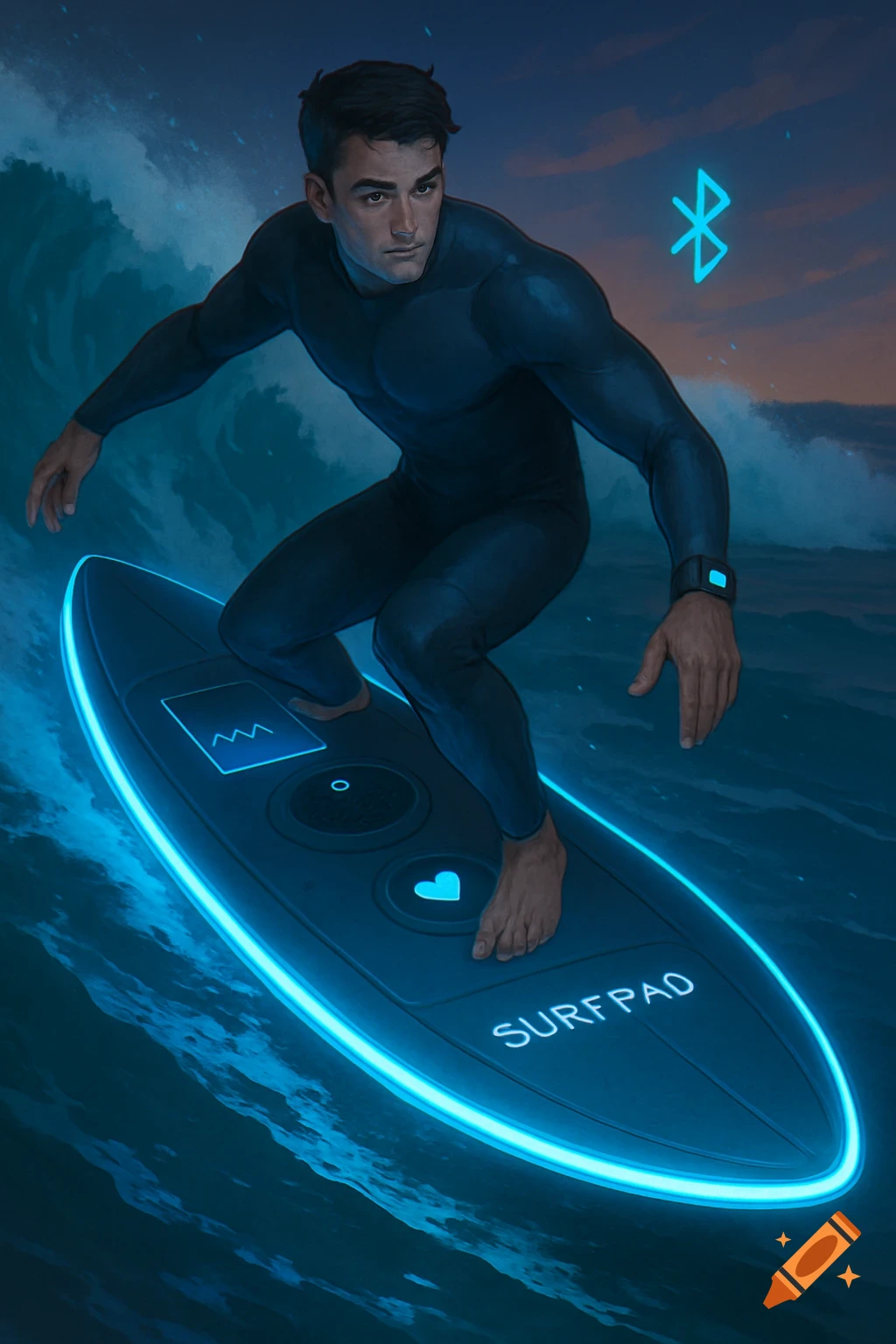 Man surfing on a glowing blue surfboard at night with a Bluetooth symbol.
