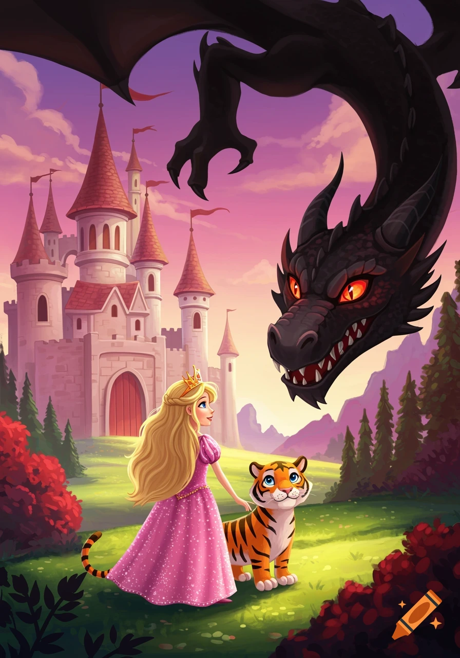 An illustration of a princess and tiger looking at a large dragon above a castle.