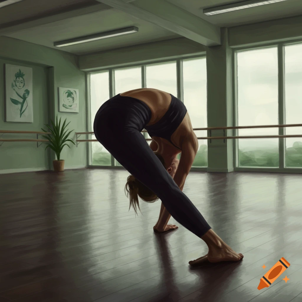 A person in athletic wear performing a forward bend yoga pose in a studio.