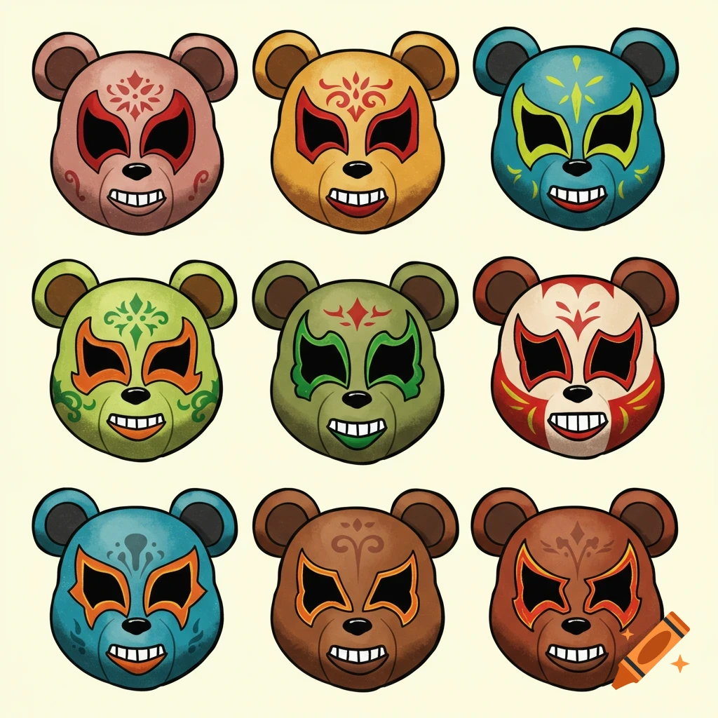 Grid of cartoon bear heads wearing colorful lucha libre masks.