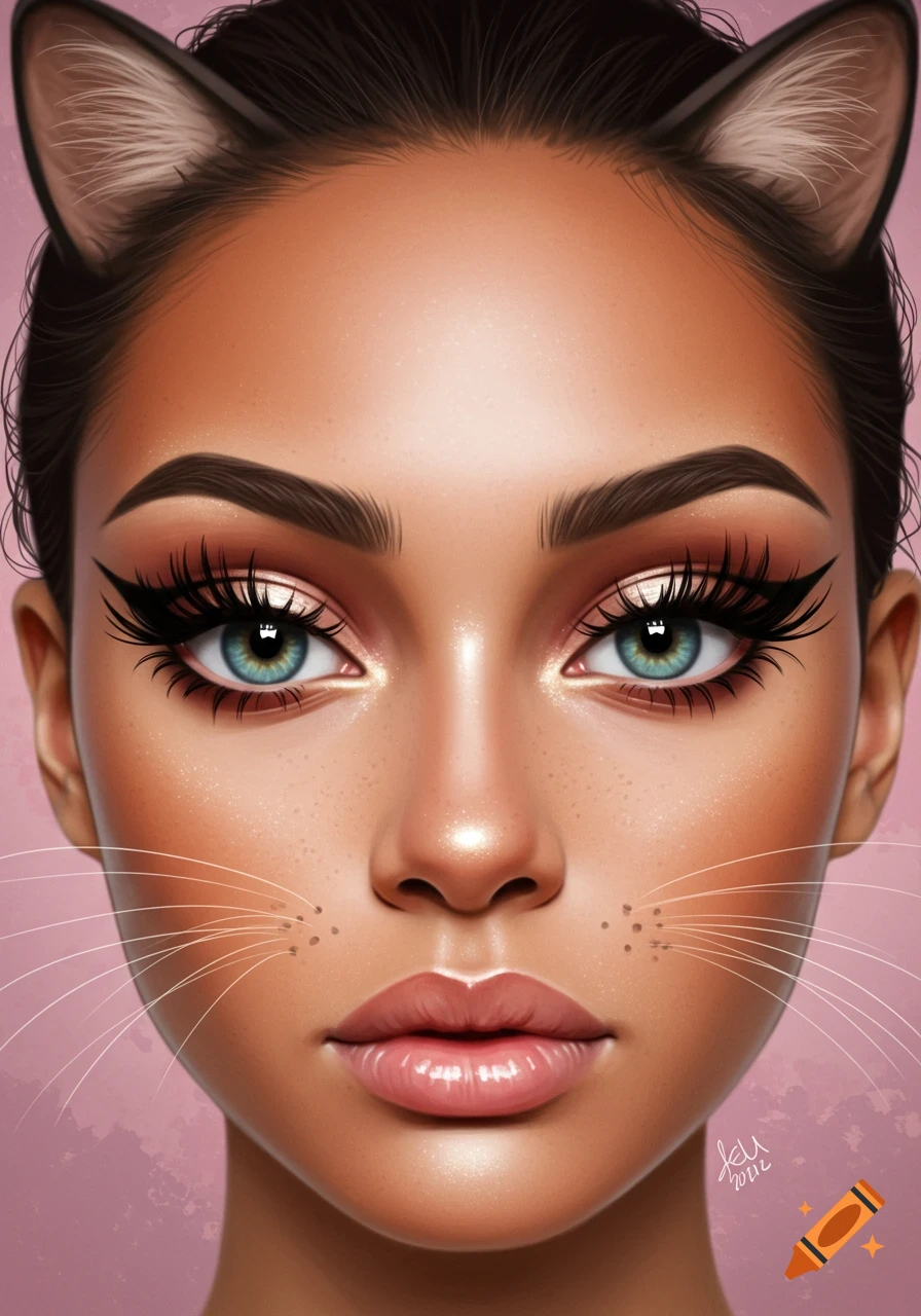 Close-up stylized digital portrait of a person with cat ears, cat eye makeup, whiskers, and freckles.