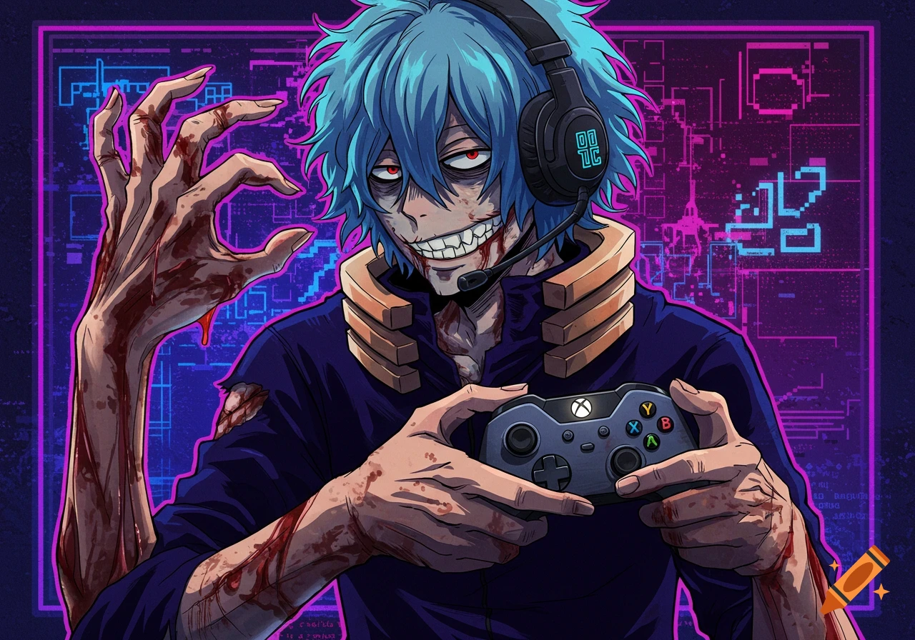 Stylized anime illustration of Tomura Shigaraki from My Hero Academia wearing a headset and holding an Xbox controller.