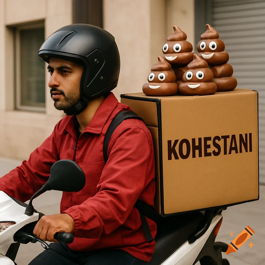 Photorealistic image of a delivery driver on a motorcycle carrying a box topped with poop emoji statues.