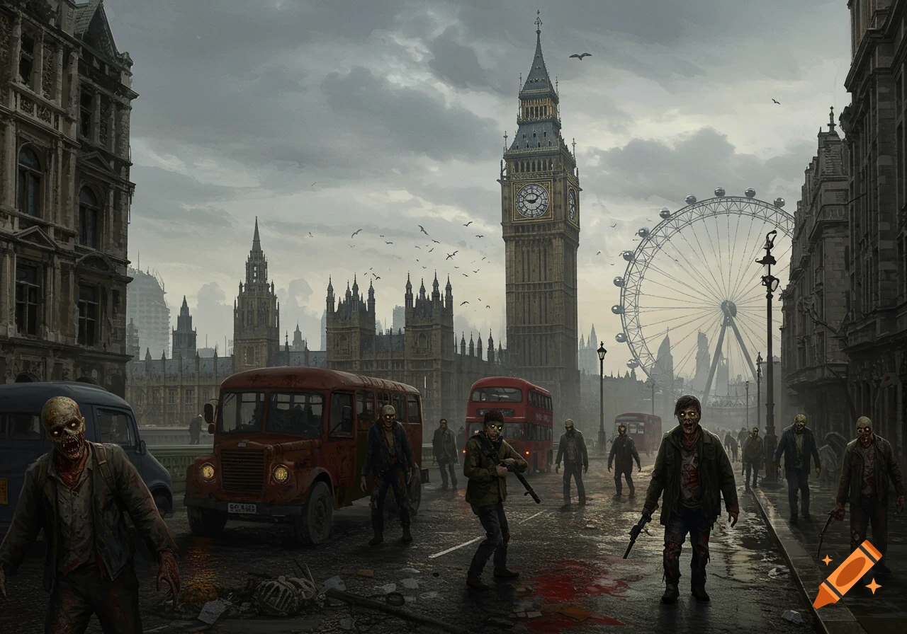 Zombies roam a deserted street in London, with Big Ben and the Houses of Parliament in the background under a cloudy sky.