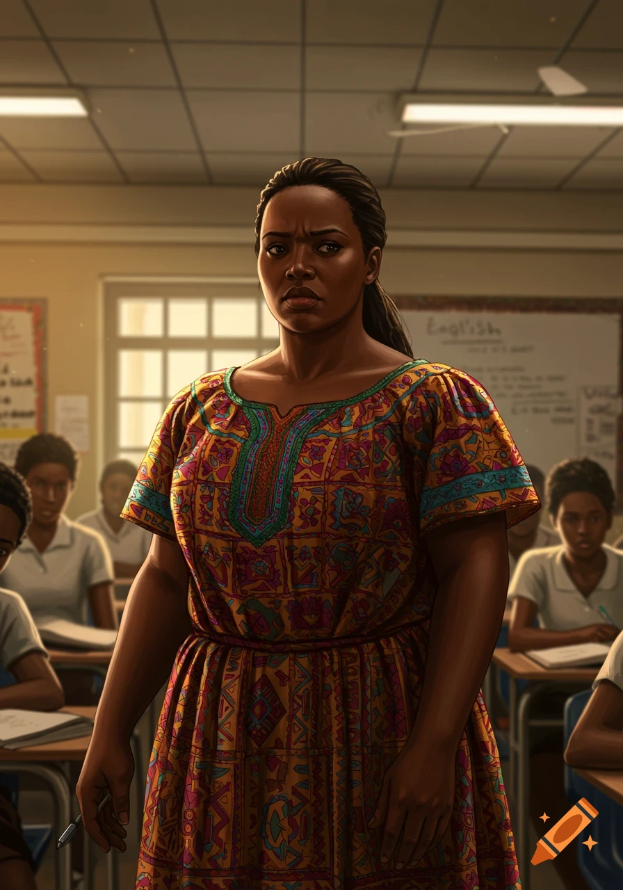 An illustration of a teacher in a patterned dress standing in a classroom with students.