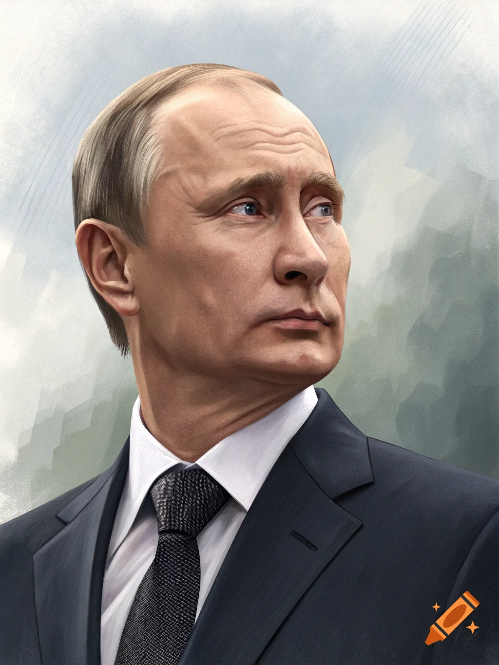 Portrait of Vladimir Putin in a suit, looking to the side.