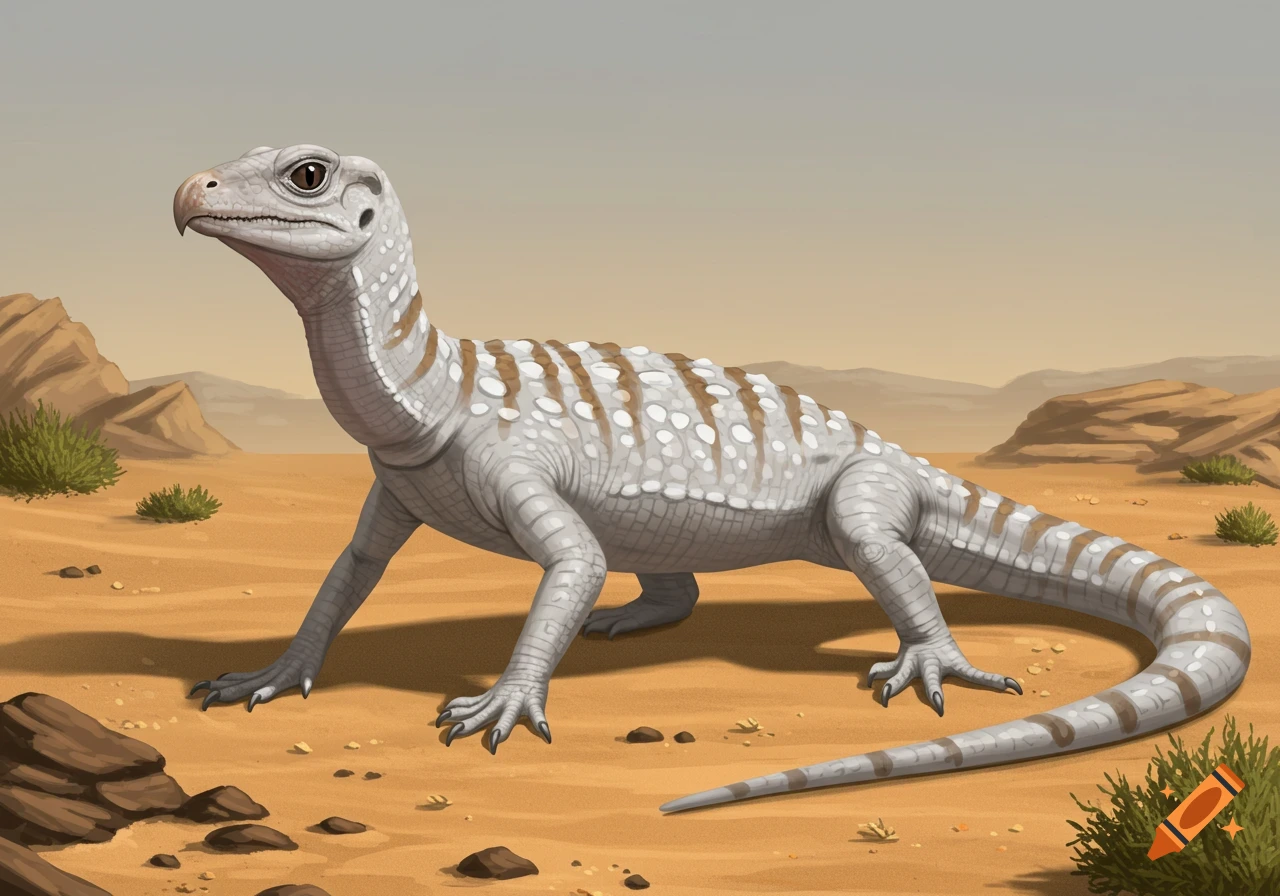 Illustration of a grey, white, and brown striped reptile with a beak walking in a desert landscape.