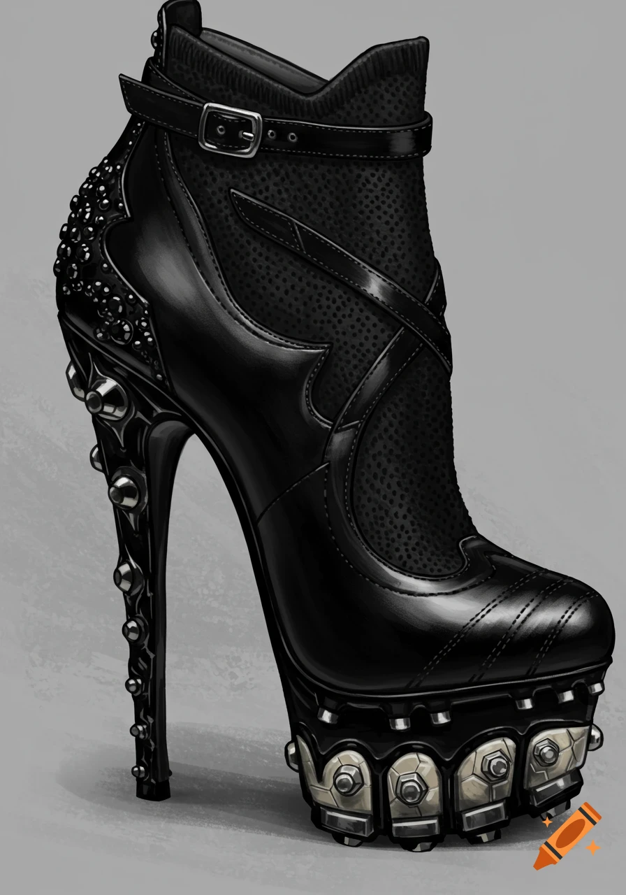 Detailed drawing of a black high-heeled boot with studs and cleated soles.