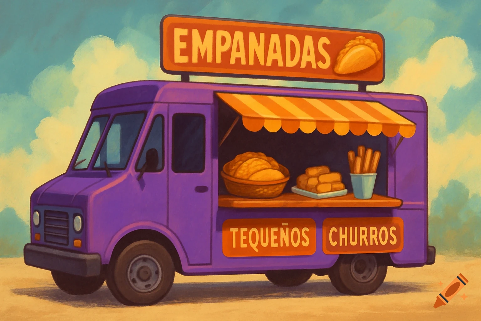 An illustration of a purple food truck selling empanadas, teque as, and churros.
