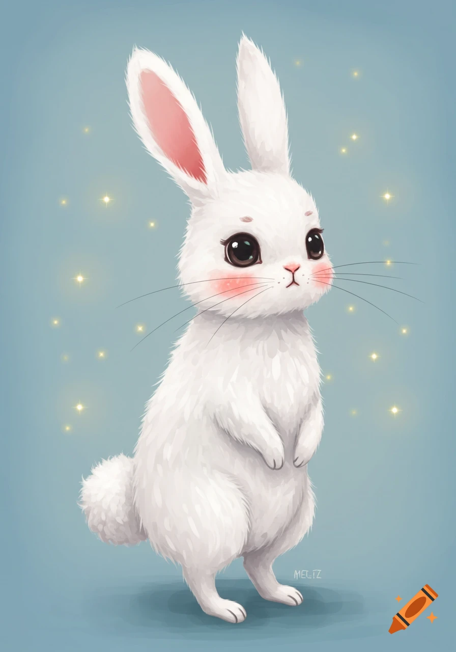 Illustration of a cute white rabbit standing on its hind legs with pink cheeks and whiskers.