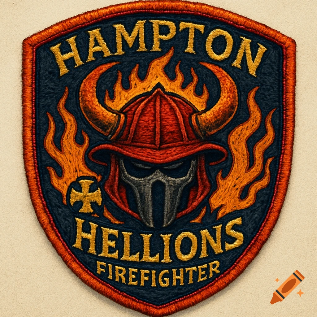 Embroidered shield patch with a horned firefighter helmet, flames, and text 'HAMPTON HELLIONS FIREFIGHETER'.