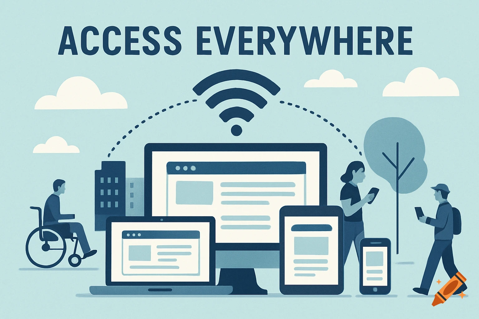 Illustration of people using devices connected via WiFi, text reads ACCESS EVERYWHERE.