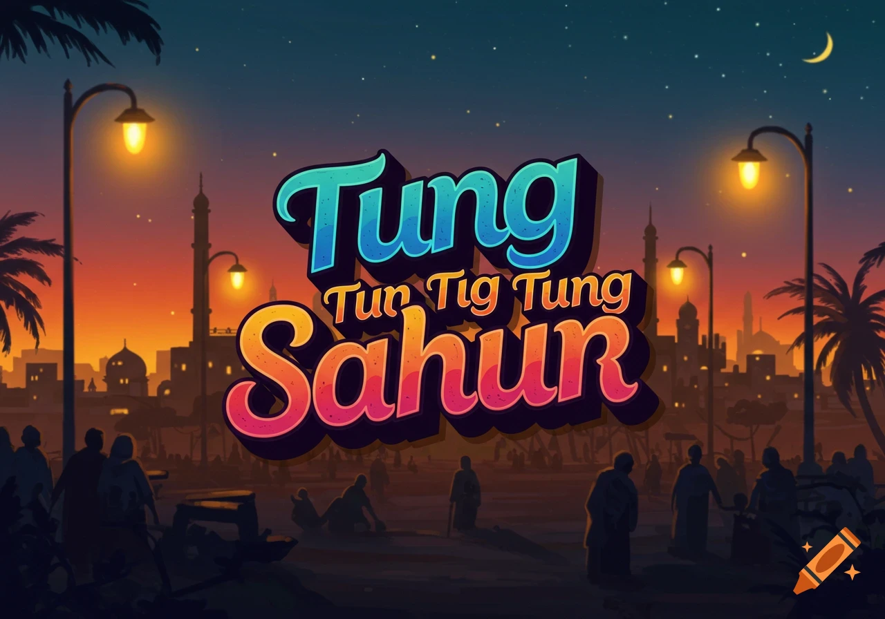 Illustrative scene of people on a street at dusk with Islamic architecture and palm trees. Large text reads 'Tung Tun Tig Tung Sahur'.