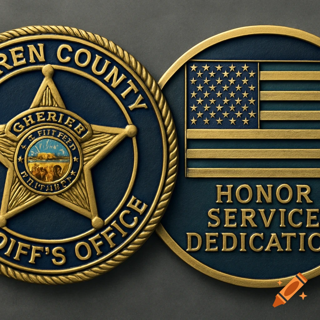 Two ornate challenge coins side-by-side, one with a star badge and text, the other with an American flag and text.