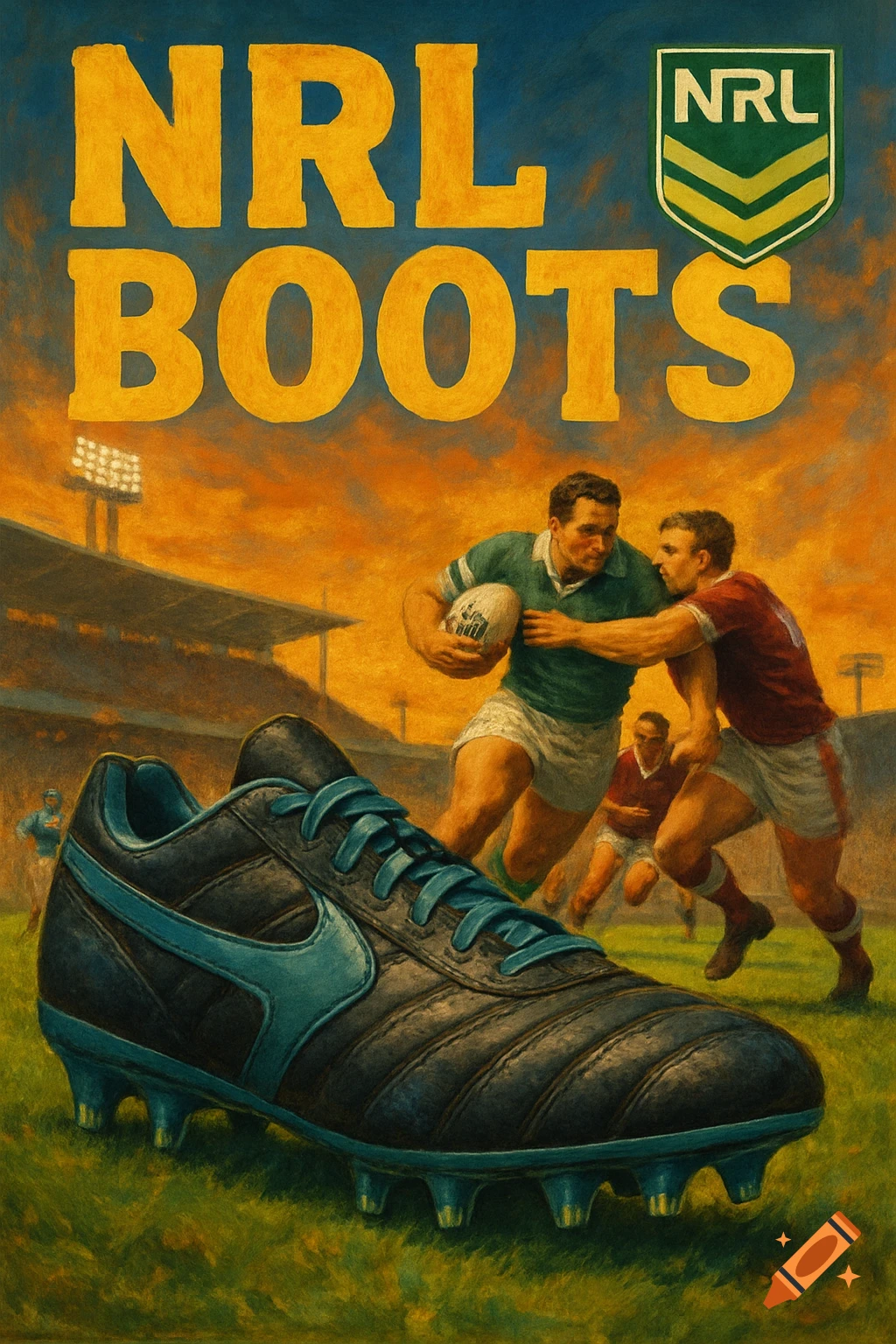 An illustration poster featuring a large black rugby boot in the foreground and rugby players tackling on a field behind it. Text reads NRL BOOTS.