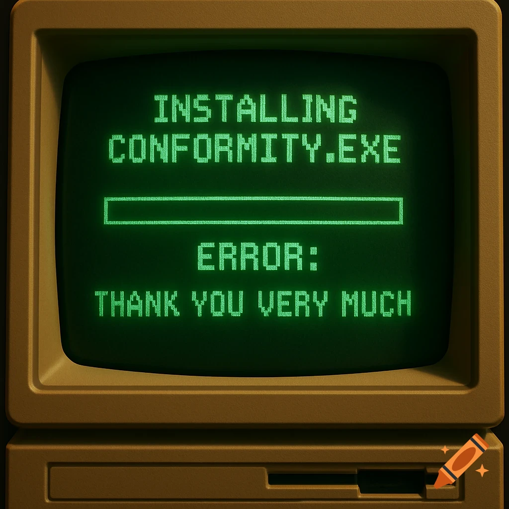A retro 80s computer monitor displays green pixel text showing 'installing conformity.exe error: Thank you very much'