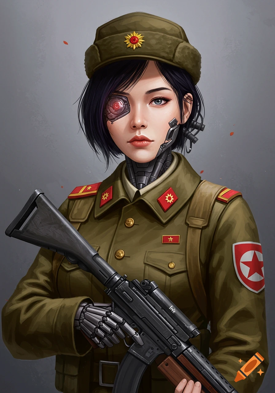 Portrait illustration of a female soldier with a cybernetic eye and arm, holding a rifle, wearing a military uniform and hat.