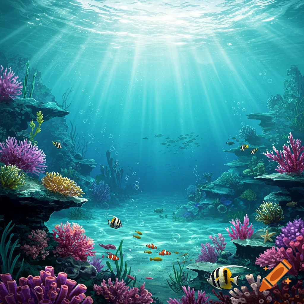 Underwater coral reef scene with colorful coral, fish, and sunlight rays.