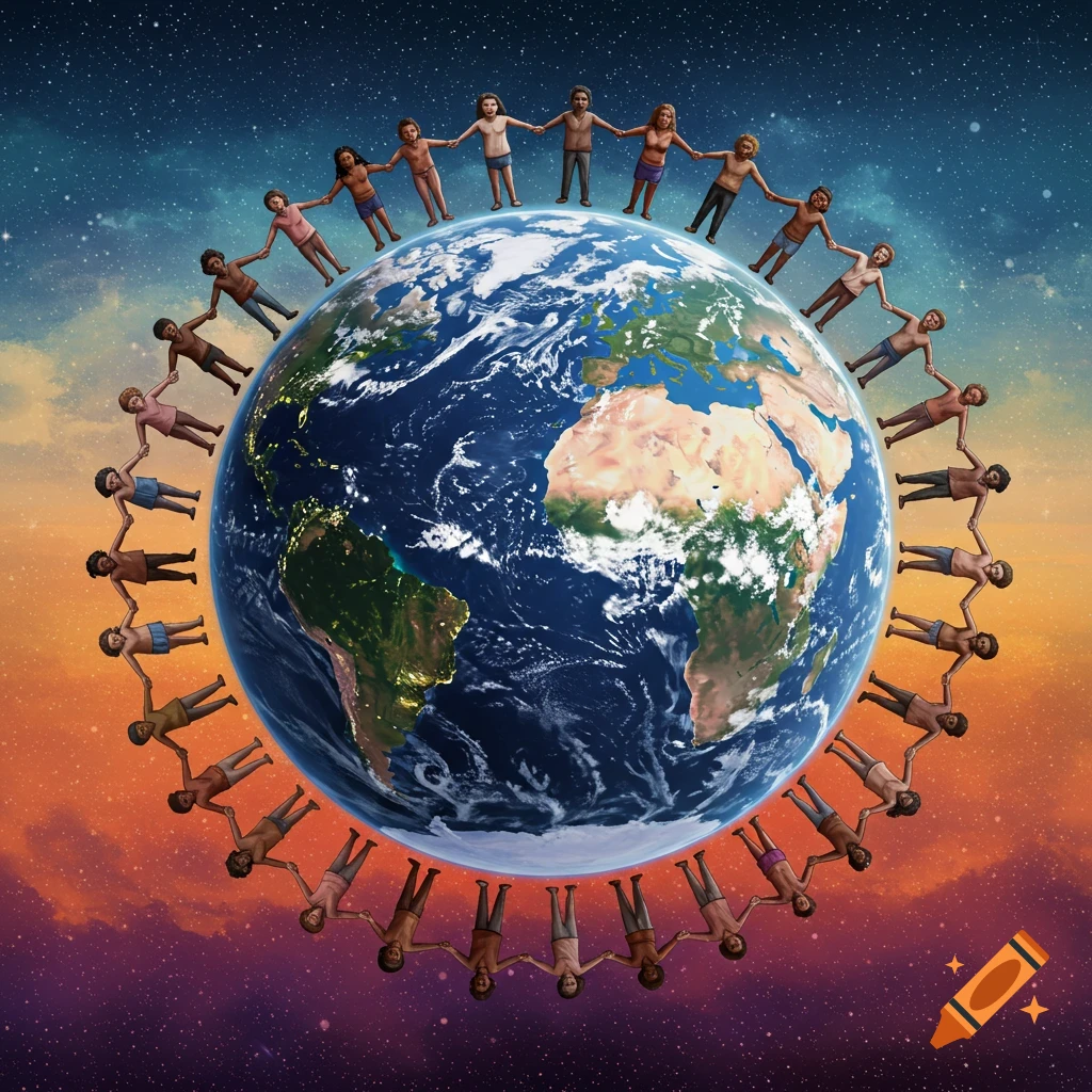 Stylized people holding hands around the Earth, set against a starry sky.