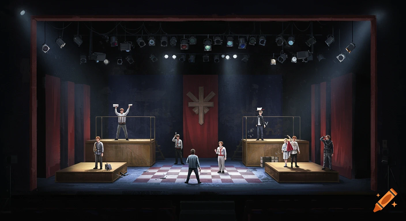 An illustration of a dramatic stage set with platforms, figures, theatrical lighting, and a large banner.