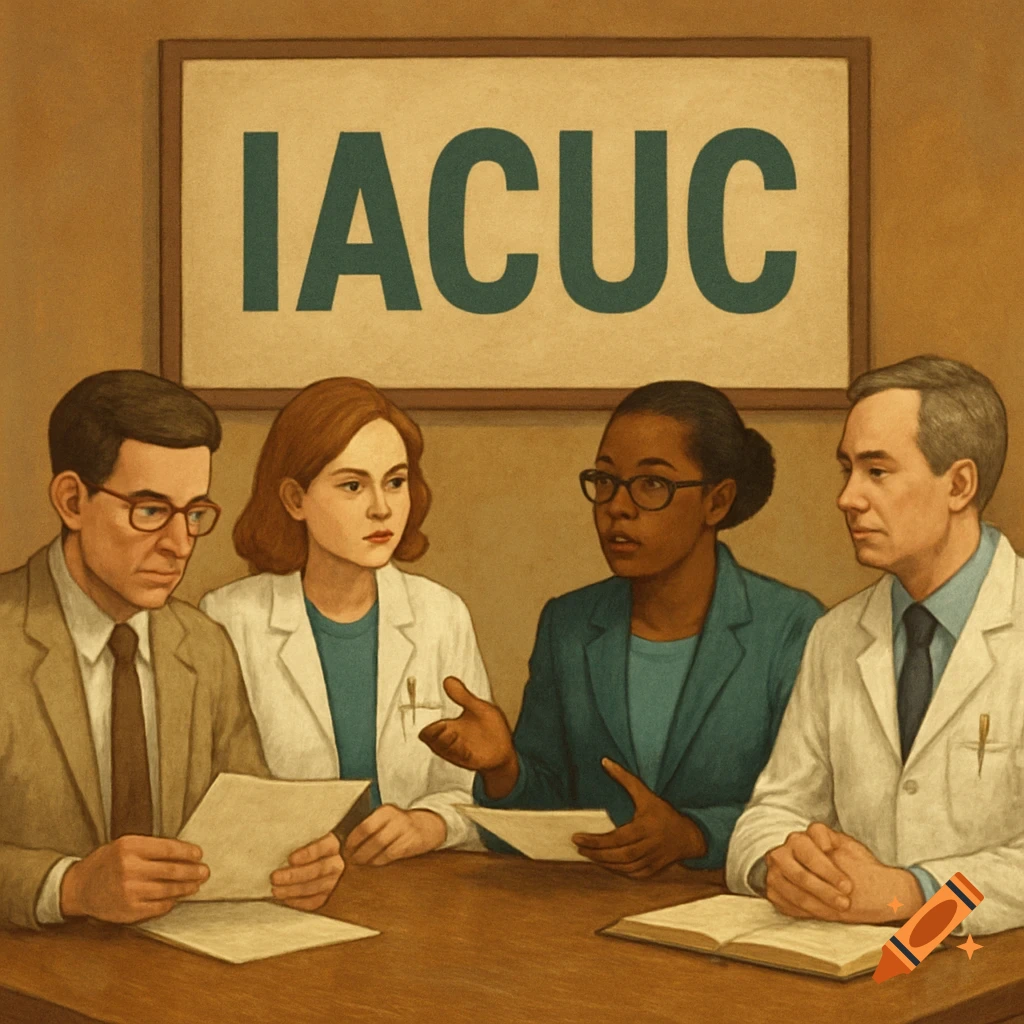 Illustration of four people in a meeting room under a sign that says IACUC