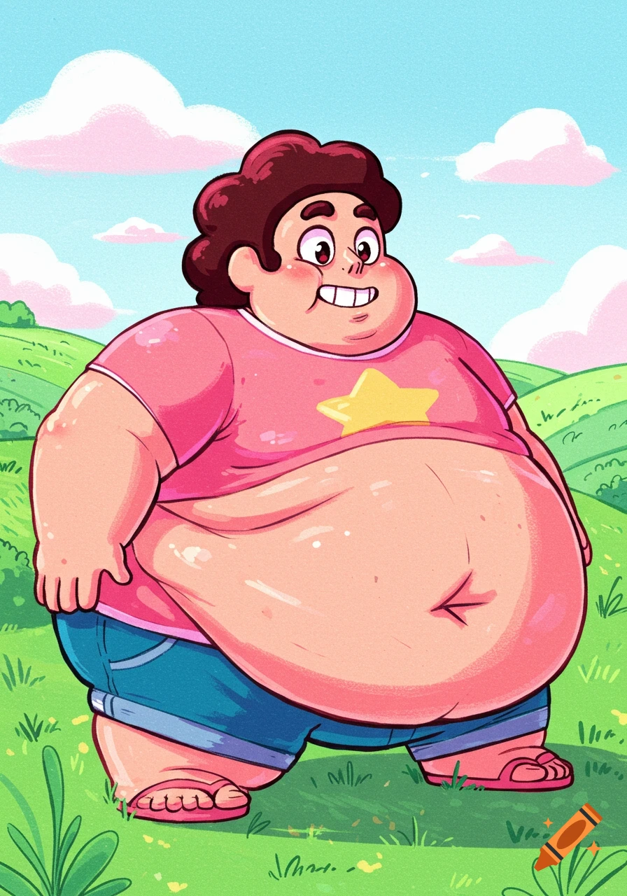 An extremely chubby cartoon character resembling Steven Universe stands in a grassy field.