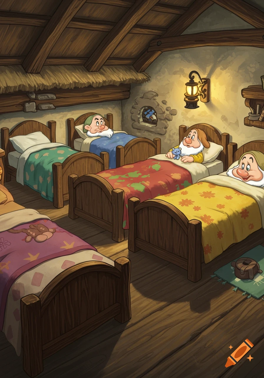 Cartoon dwarfs sleeping in beds in a rustic room.
