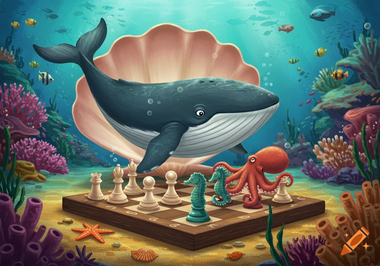 Cartoon illustration of a whale and an octopus playing chess underwater with coral and fish.