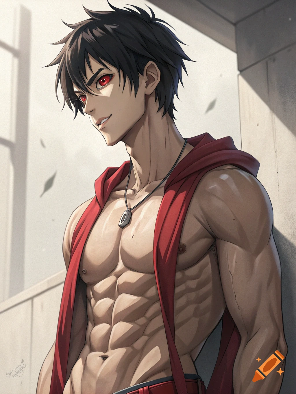 Anime illustration of a muscular male character with black hair and red eyes, wearing a red hooded garment draped over his shoulders.