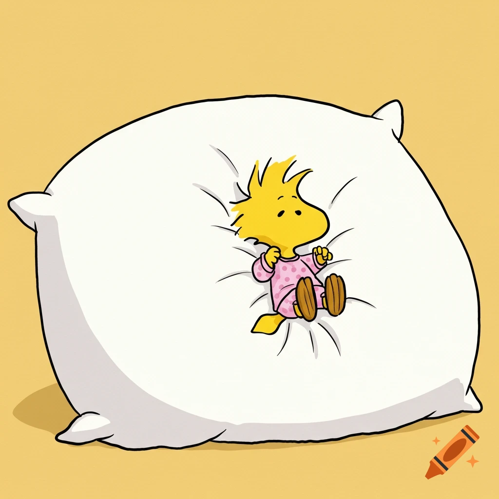 Woodstock in pink pajamas rests on a giant white pillow.