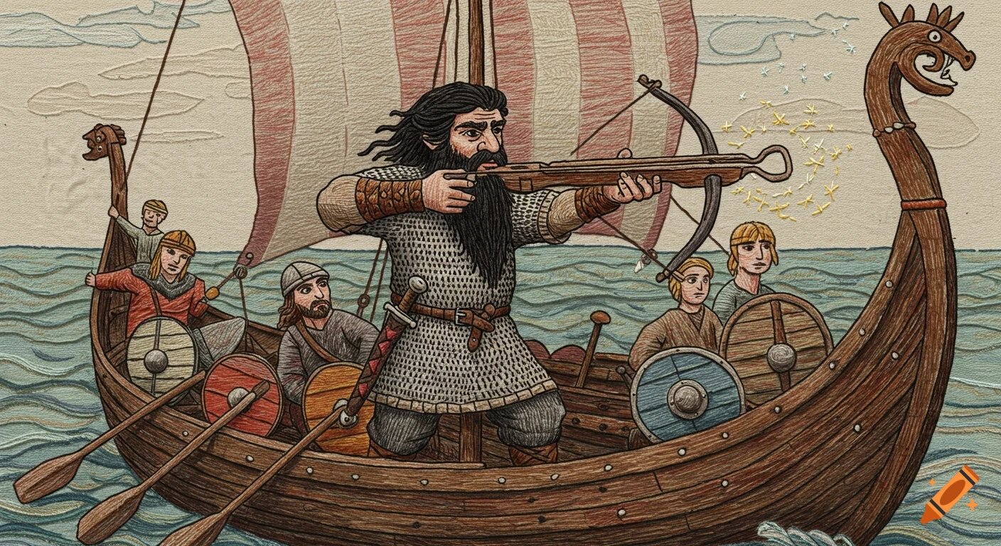 Illustration in the Bayeux Tapestry style showing Vikings on a longship, with one aiming a magical crossbow.