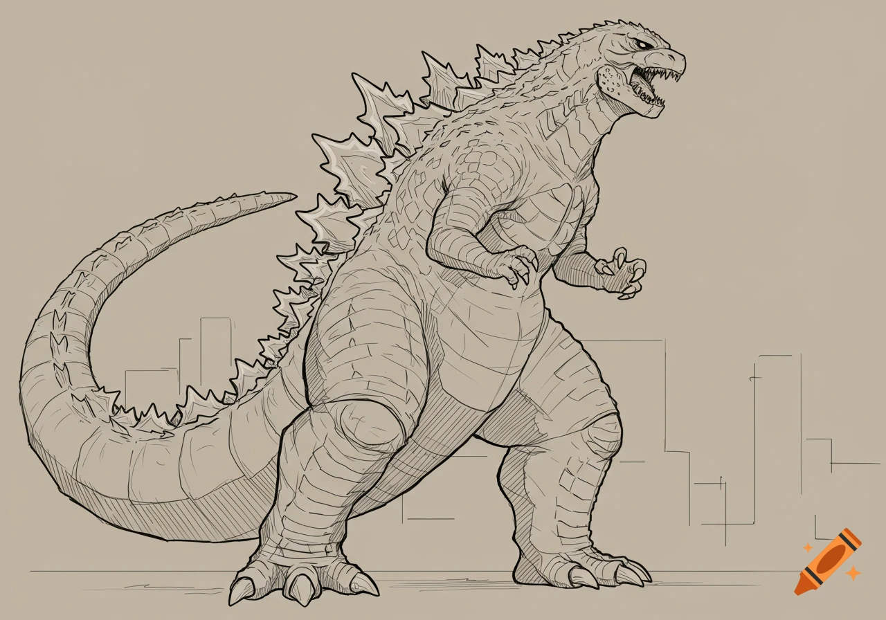 Line drawing of Godzilla standing with city buildings in the background.