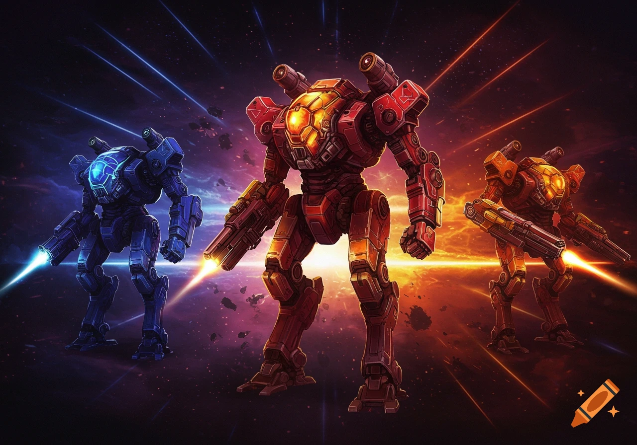 Three colorful mechs stand in a space background