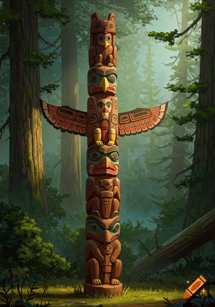 A carved totem pole stands tall in a misty forest clearing.