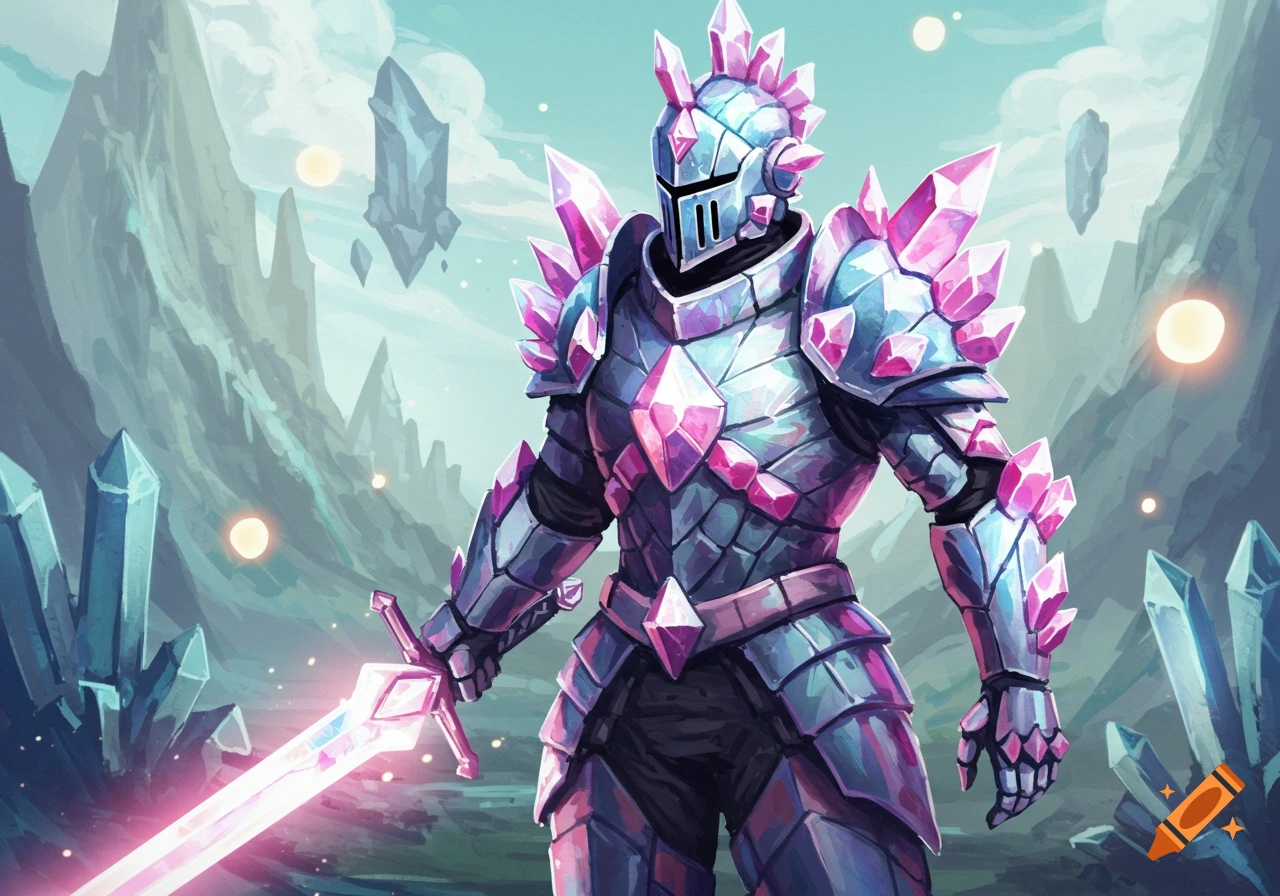 A knight in shimmering crystal armor stands in a fantasy landscape with floating crystals.