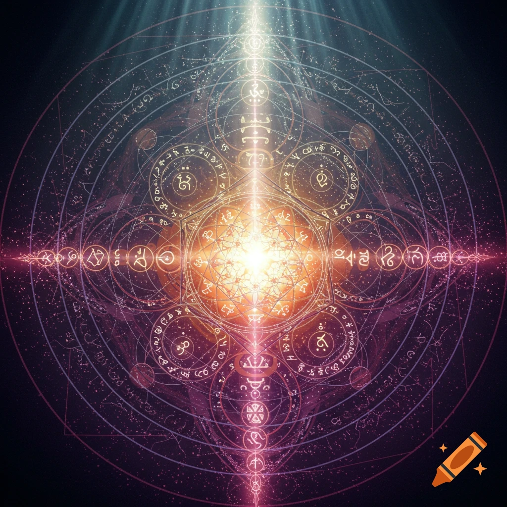 Abstract sacred geometry pattern with glowing symbols and light rays on a dark background.